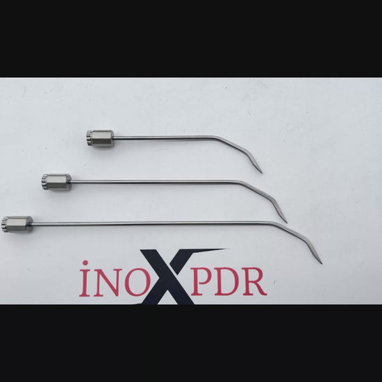 Auto body technician utilizing the rotatable Milano PDR tool